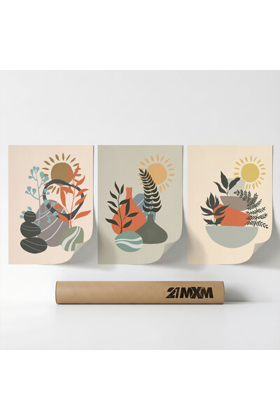 21mxm Set 3 Postere Decorative Boho „Soare-Lună-Celestial 28”, Material Texti...