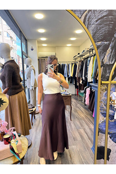 aycaguney Saten Fermuarlı Maxi Boy Etek - Kahverengi