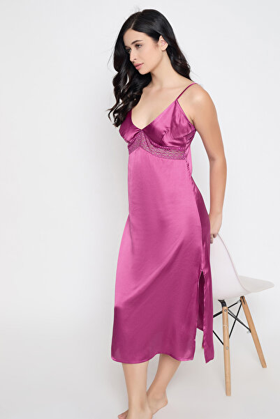 Clovia Chic Basic Long Nighty in Magenta - Satin