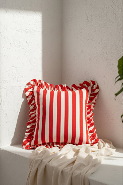 decofav Червена възглавница с райета и набори 1 брой