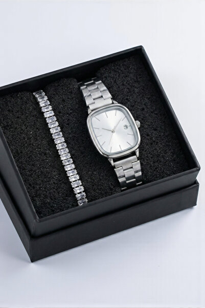 Letrovis Takvimli Özel Tasarım Kadın Gümüş Renk Saat & Çelik Su Yolu Bileklik...