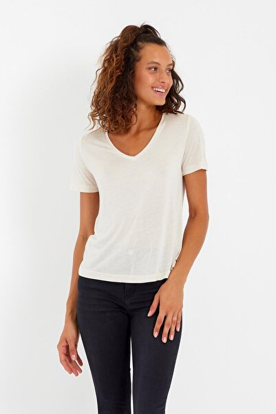 QUHOX Γυναικείο Modal Υφασμάτινο T-shirt με λαιμόκοψη σε εκρού