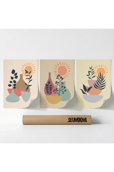 21mxm Set 3 Postere Decorative Boho „Soare-Lună-Celestial 49”, Material Texti...