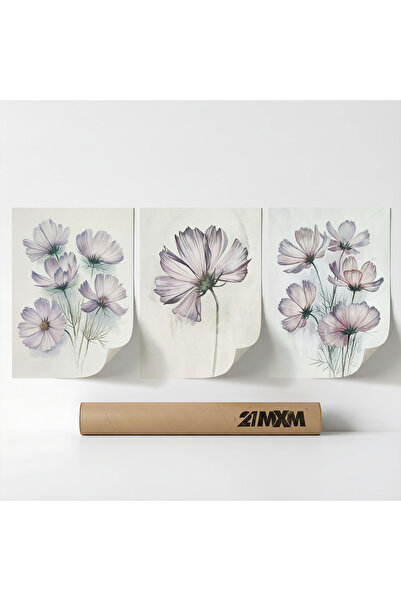 21mxm Set 3 Postere Decorative „Pastel Lavandă 04”, Material Textil, Fara Rama