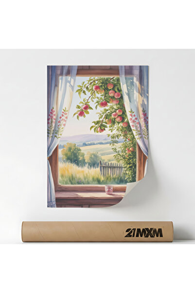 21mxm Deco Poster, window and garden, Farmhouse Window With Curtain, A4 (21 x...