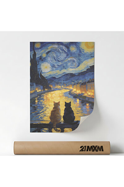 21mxm Poster decorativ 'Starry Night Cats', panza canvas, dimensiune A4, fara...