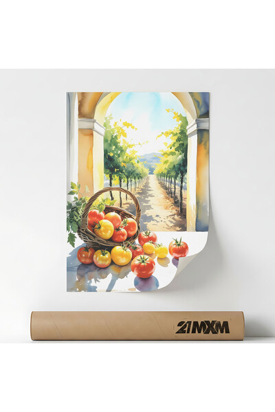 21mxm Poster „Colț de bucătărie cu recoltă de roșii” Pe Panza Mata – Design m...