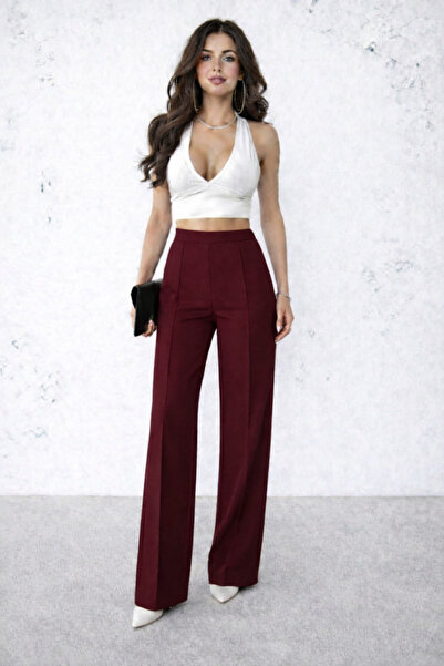 RAMİOR COLLECTION Women's Burgundy Modal Fabric High Waist Palazzo Trousers