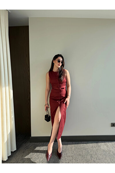 Laluvia Burgundy Buttoned Belted Gabardine Dress - 5002