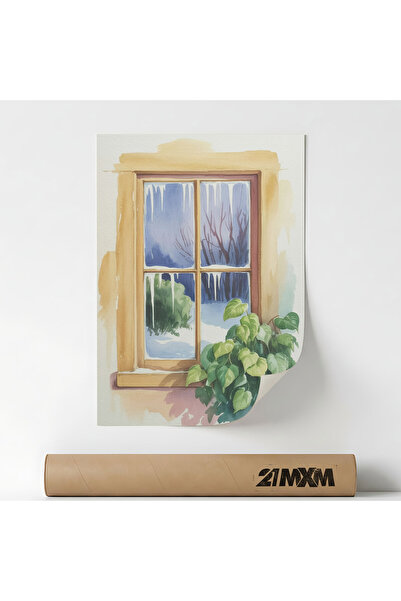 21mxm Posterul „Fereastră de casă de la țară cu țurțuri” Pe Panza Mata – Desi...