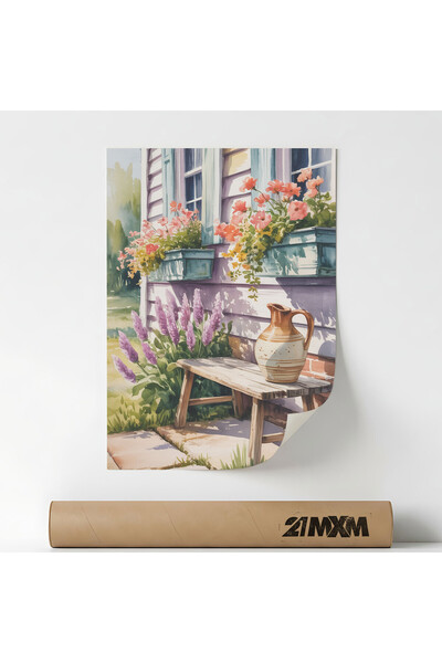 21mxm Poster „Intrare cu bancă de lemn, ulcior ceramic” Textil – Design minim...