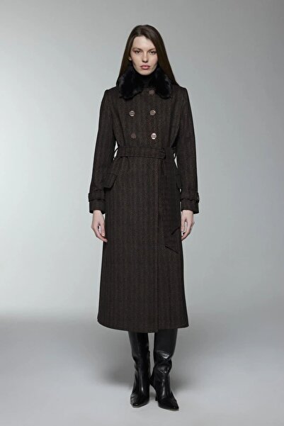 Zühre Fur Collar Pocket Detailed Brown Coat 13902