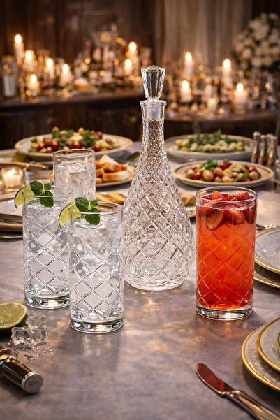 MADAME LUDA Kristal İşlemeli Sürahi-Karaf/Bardak Takımı-Seti.(6 BARDAK+1 KARA...