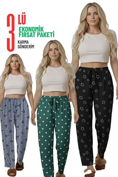 THEBEK Yumoş Velvety Suede Patterned Medium Size Pajama Bottoms Set of 3 (Mix...