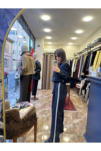 Kenarı Çizgili Beli Lastikli Pantolon - Lacivert