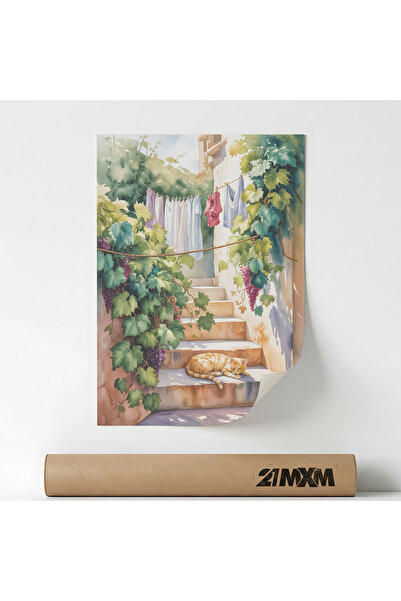 21mxm Deco Poster, Window and Garden, Courtyard With Grapevines And A Cat, A3...