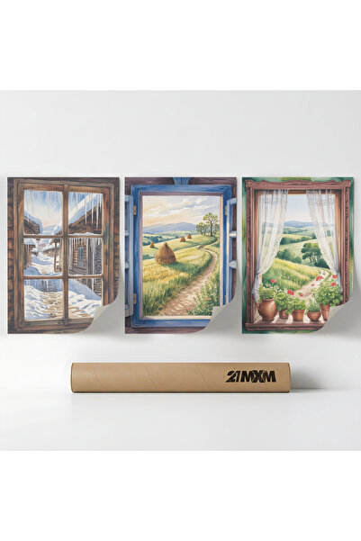 21mxm Set 3 Postere Decorative „Ferestre spre Sud 08”, Material Textil, A3 (2...