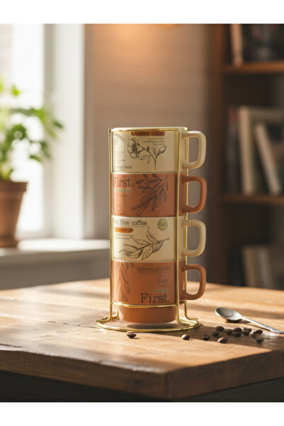 Tohana Gold Metal Stand Four-Piece Porcelain Mug Espresso Cup 200 ml