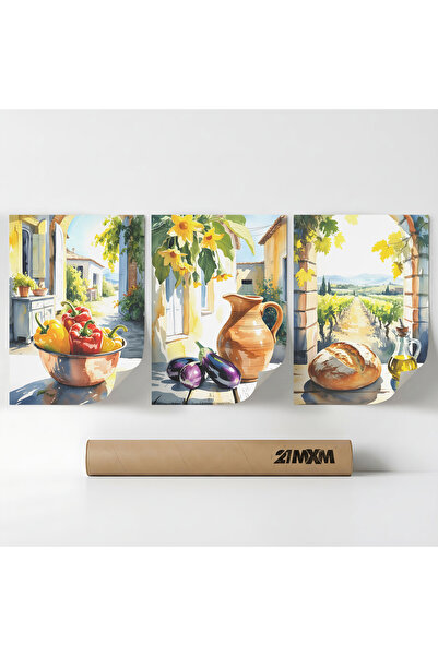 21mxm Set 3 Postere Decorative „Natură Moartă Mediteraneană 02”, Material Tex...