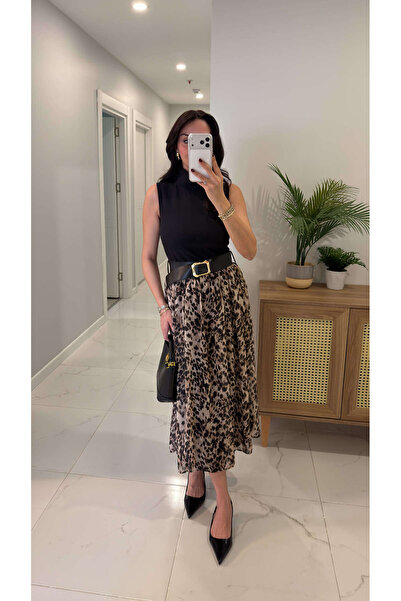 BİRCANÇİL Sanna Black Belt Detailed Leopard Skirt Dress