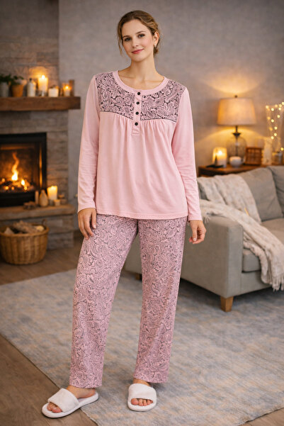 YUYİ Nena %100 Cotton Long Sleeved Plus Size Women's Pajama Set 14610
