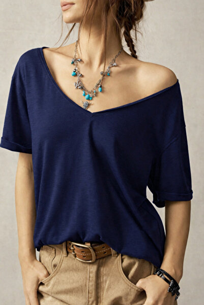 Tarz Cool Women's Navy Blue Oversize-Loose V-Neck Basic T-Shirt