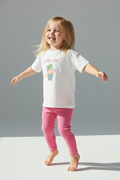 Monila Tricou cu imprimeu ecru din bumbac pentru fete și colanți roz cu nervu...