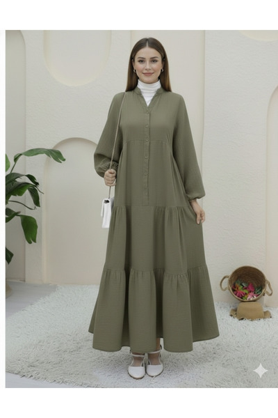 bellura V-Neck Half Buttoned Elasticated Sleeve Piece Dress