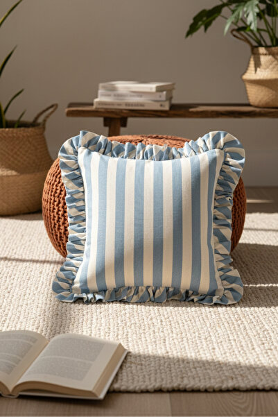 decofav Husă de pernă cu volane și dungi albastre, 1 bucată