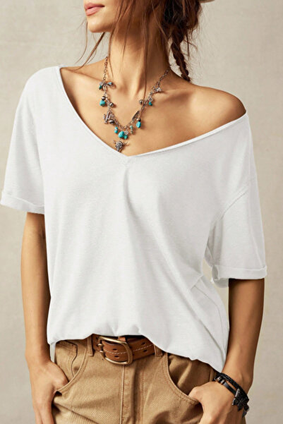 Tarz Cool Women's White Oversize-Loose V-Neck Basic T-Shirt