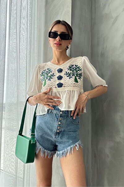 Caddebostan Moda Women's Embroidered Lace Detailed Chiffon Sleeve Bohemian Bl...