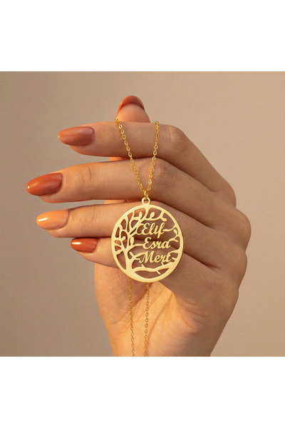 AvaLineAtelier 925 Ayar Gümüş Hayat Ağacı İsimli Aile Kolye 14 Ayar Kaplama