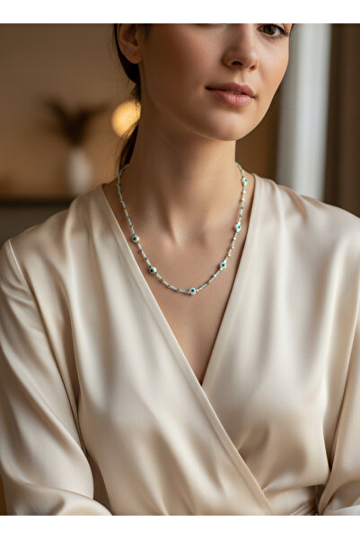 Maxi modena Minimal Evil Eye Detailed Thin Bead Women's Necklace