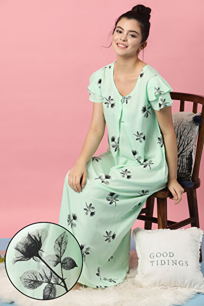Clovia قميص نوم طويل بنقشة أوراق الشجر باللون الأخضر الفاتح - رايون