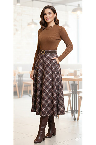 MODA Kahve Ekose nin en güzel hali, 4 parça kloş beli kemerli,cepli midi boy,...