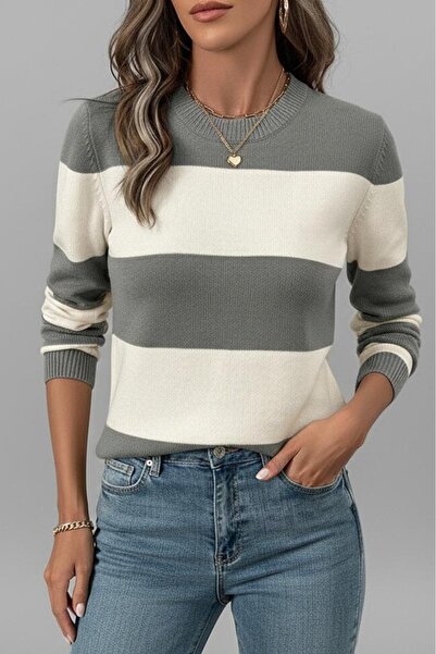 Sea Style Women's Gray Ecru Striped Knit Sweater – Crew Neck, Long Sleeve