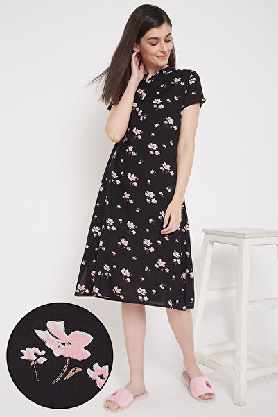 Clovia Pretty Florals Mid Length Night Dress with Side Slits in Black - Rayon