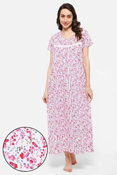 Clovia فستان نوم طويل أبيض مزين بنقوش زهور جميلة - قطن 100%