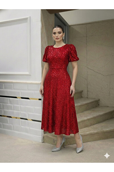 QETEENN فستان سهرة أنيق مزين بالترتر وأكمام بالونية بدون فتحات وبطانة داخلية SAX