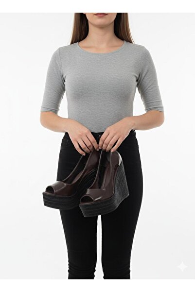 asmi shoes Women's Belon Brown Wrinkled Patent Leather 11 cm Platform Wedge H...