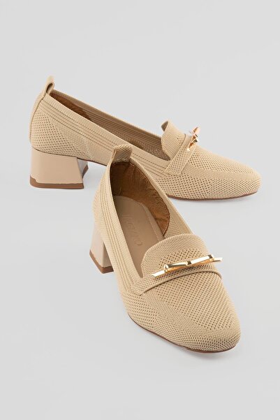 Mubiano Women's Knitwear Heeled Shoes with Gold Buckle Sirel Beige