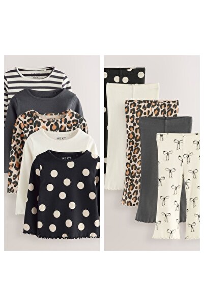 Next Baby طقم قطني أسود بنقشة الفهد مكون من 5 قطع بأكمام طويلة (علوي وسفلي)