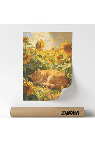 21mxm Poster decorativ 'Cat Nap In Sunflower Field', material textil, dimensi...