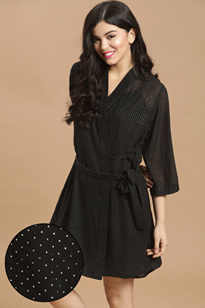 Clovia Shimmer Print Robe in Black- Georgette
