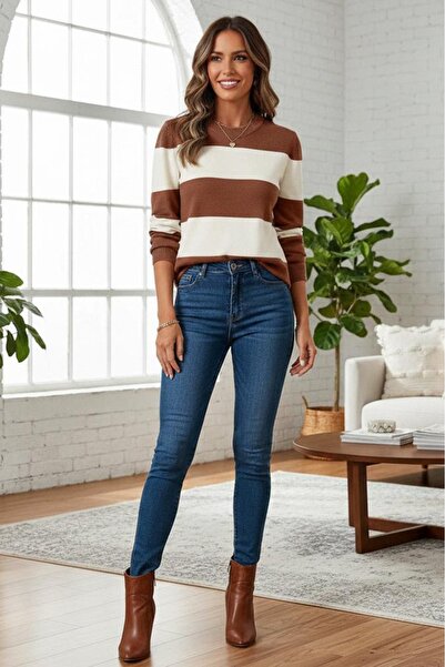 Sea Style Women's Gray Ecru Striped Knit Sweater – Crew Neck, Long Sleeve