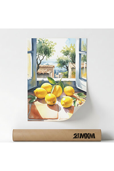 21mxm Poster decorativ, ilustratie bucatarie mediteraneana, Lemons At Window,...