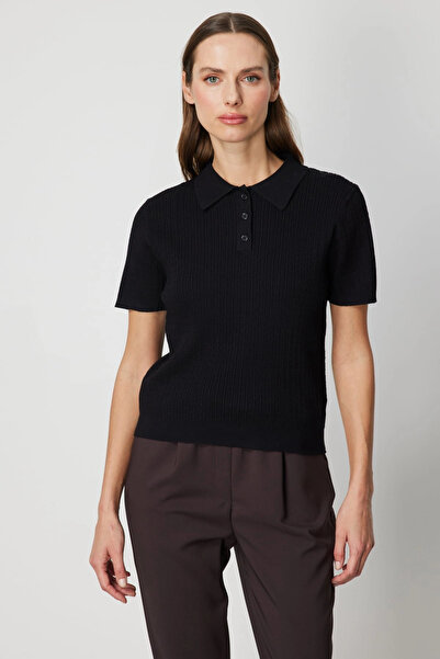 On Fashion Women's Polo Neck Knitwear Black Sweater 60314