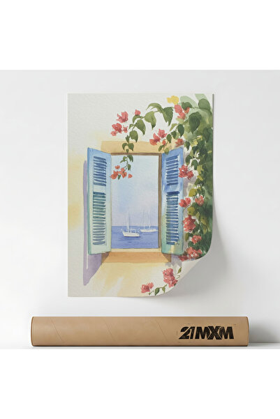 21mxm Posterul „Obloane albastre, flori de bougainvillea” Textil – Design min...