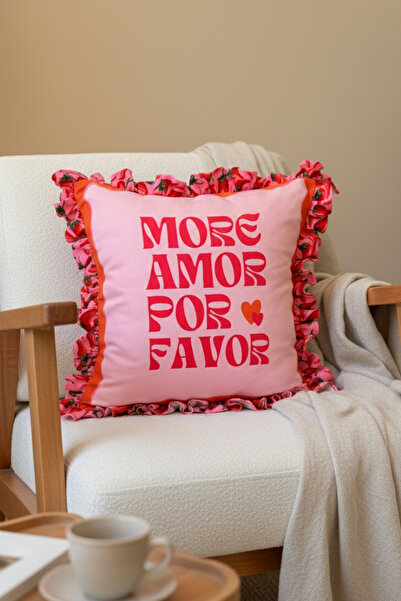 decofav Husă de pernă cu volane, roz dulce, stil  "More Amor Por Favor ", 1 b...