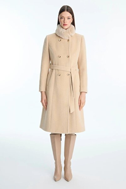 Zühre Beige Coat with Fur Collar, Button and Belt Detail 13830